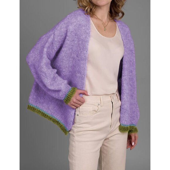 Women's Wool-Polyester Long Sleeve Color Block Open Front Cardigan - Picture 3 of 6